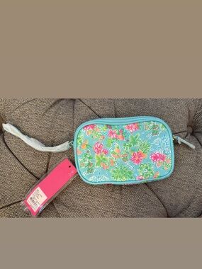Lilly Pulitzer Lilly Loves Disney Blue Floral Wristlet with Pink & Green Accents